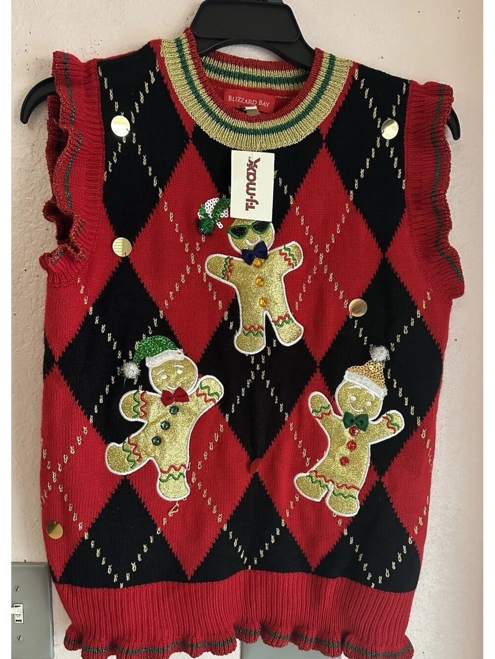 Women’s Dancing Gingerbread Ruffle Detail Argyle Sweater Sleeveless Sz M New